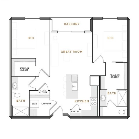 Floor plan for 2 beds, 2 baths, 1072 sqft