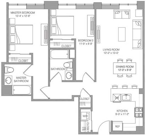 Floor plan for 2 beds, 2 baths, 1070 sqft