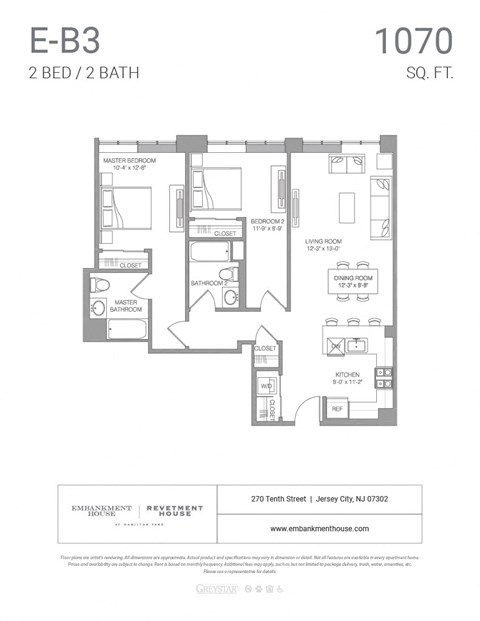 Floor plan for 2 beds, 2 baths, 1070 sqft