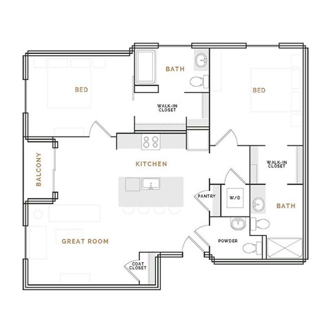 Floor plan for 2 beds, 2.5 baths, 1201 sqft