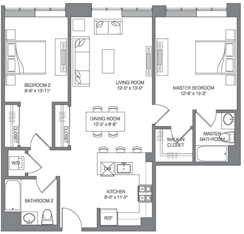 Floor plan for 2 beds, 2 baths, 1105 sqft