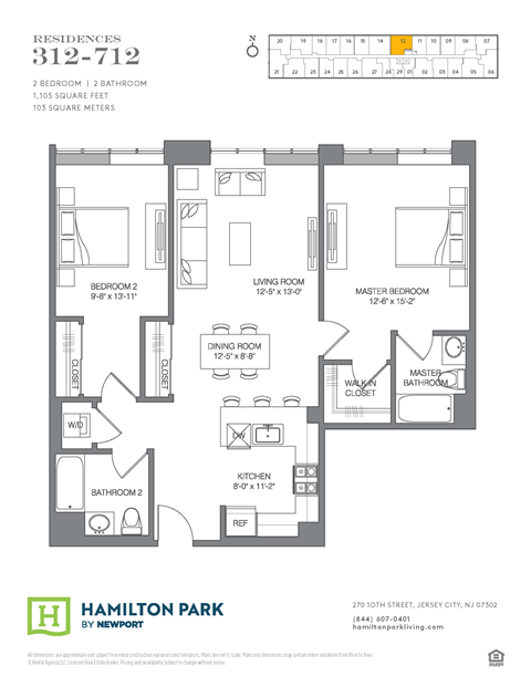 Floor plan for 2 beds, 2 baths, 1105 sqft