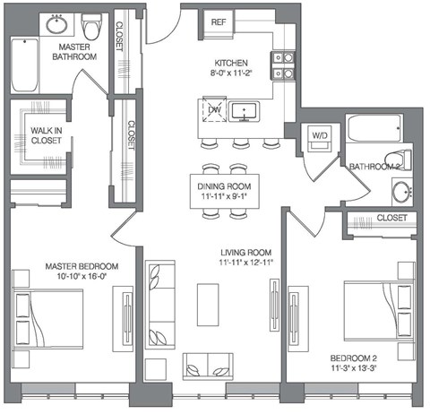 Floor plan for 2 beds, 2 baths, 1108 sqft