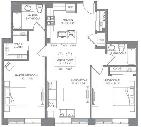 Floor plan for 2 beds, 2 baths, 1149 sqft