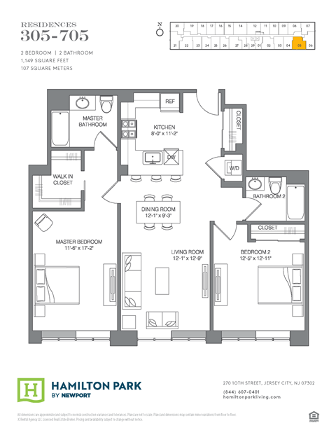Floor plan for 2 beds, 2 baths, 1149 sqft