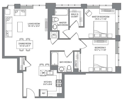 Floor plan for 2 beds, 2 baths, 1194 sqft