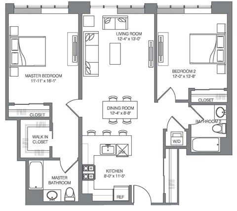 Floor plan for 2 beds, 2 baths, 1205 sqft
