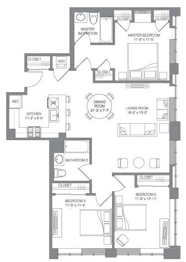 Floor plan for 3 beds, 2 baths, 1280 sqft