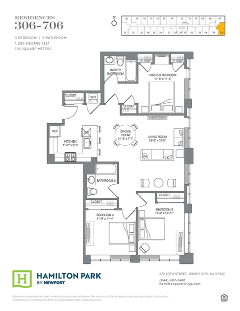 Floor plan for 3 beds, 2 baths, 1280 sqft