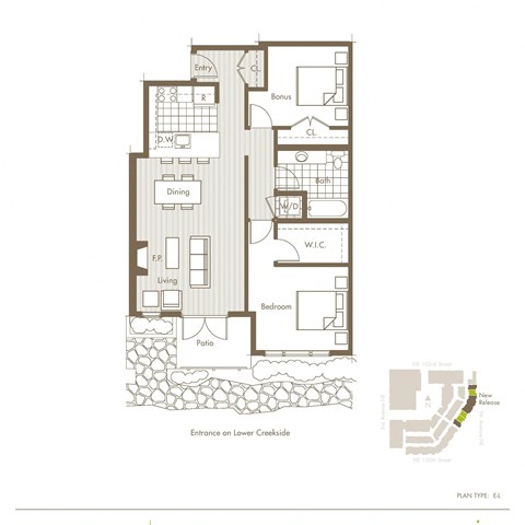 Floor plan for 1 bed, 1 bath, 955 sqft