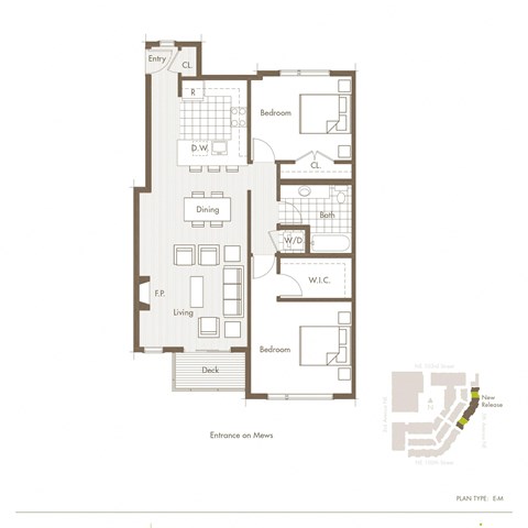 Floor plan for 2 beds, 1 bath, 1044 sqft
