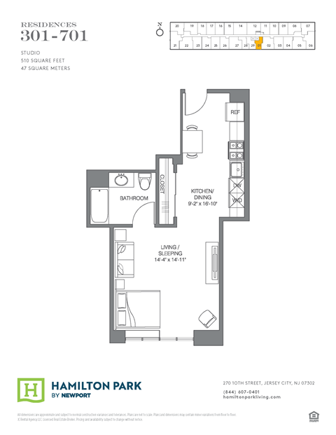 Floor plan for studio, 1 bath, 510 sqft