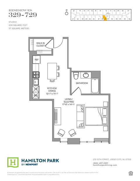 Floor plan for studio, 1 bath, 608 sqft