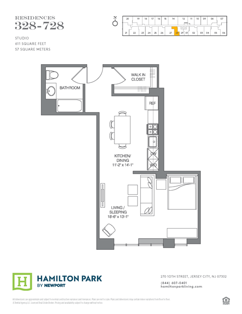 Floor plan for studio, 1 bath, 611 sqft