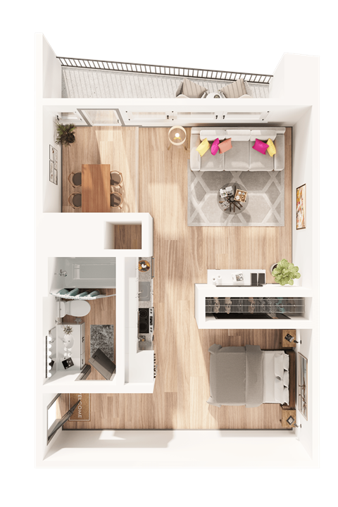 Floor plan for studio, 1 bath, 631 sqft