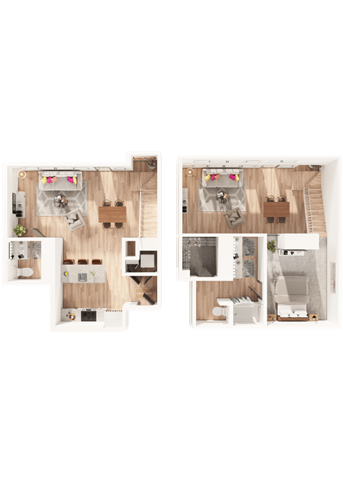 Floor plan for 1 bed, 1.5 baths, 991 sqft