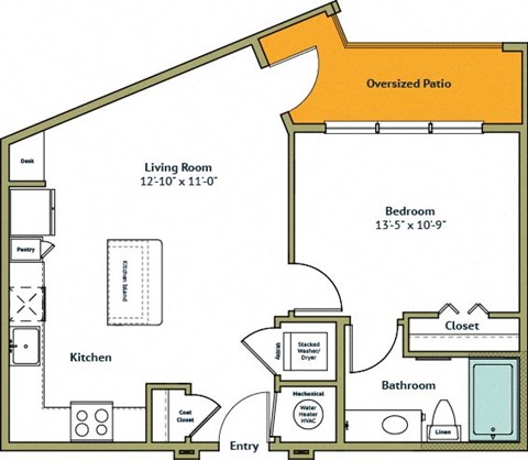 Floor plan for studio, 1 bath, 653 sqft