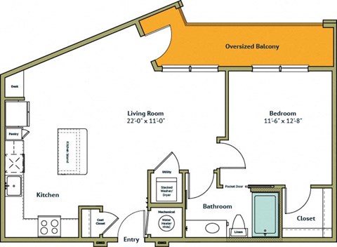 Floor plan for studio, 1 bath, 768 sqft