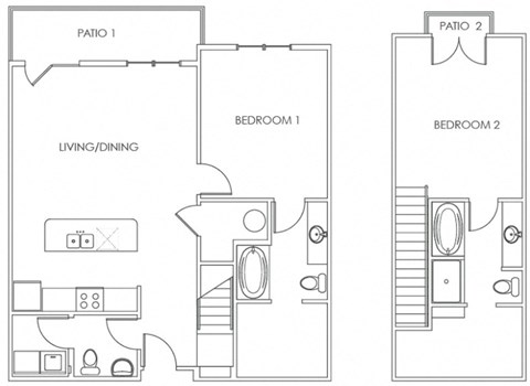 Floor plan for 2 beds, 2.5 baths, 1277 sqft