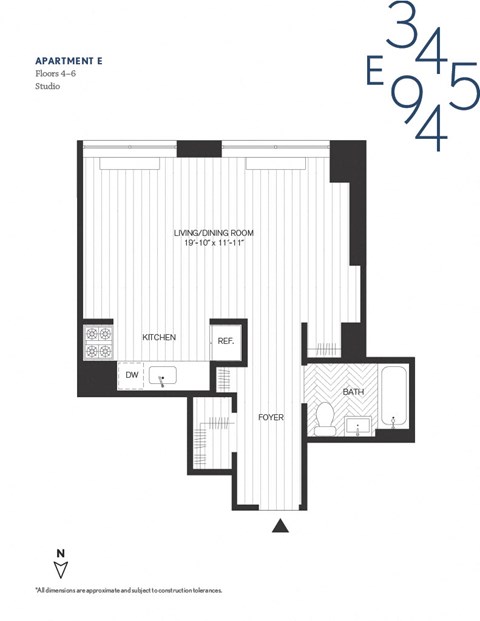 Floor plan for studio, 1 bath, 523 sqft