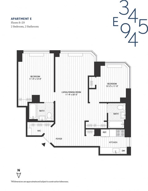 Floor plan for 1 bed, 2 baths, 965 sqft