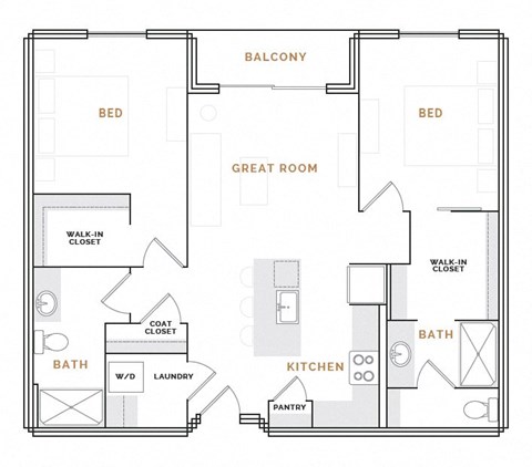 Floor plan for 2 beds, 2 baths, 1072 sqft