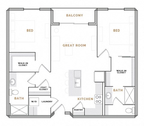 Floor plan for 2 beds, 2 baths, 1119 sqft