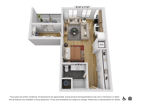Floor plan for studio, 1 bath, 618 sqft