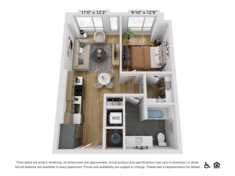 Floor plan for 1 bed, 1 bath, 615 sqft