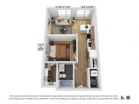 Floor plan for 1 bed, 1 bath, 635 sqft