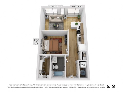 Floor plan for 1 bed, 1 bath, 640 sqft