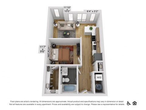 Floor plan for 1 bed, 1 bath, 600 sqft