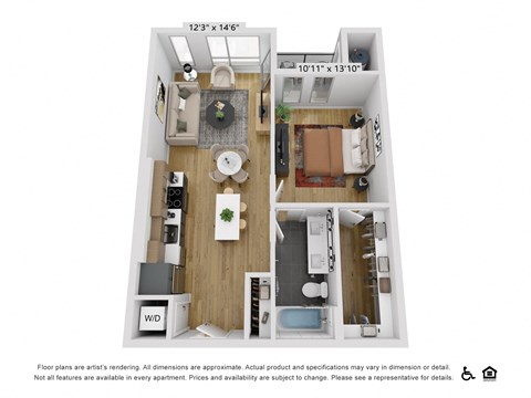 Floor plan for 1 bed, 1 bath, 742 sqft