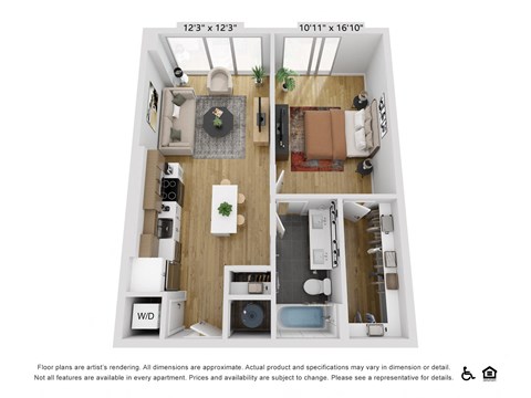 Floor plan for 1 bed, 1 bath, 730 sqft
