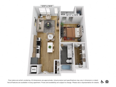 Floor plan for 1 bed, 1 bath, 739 sqft