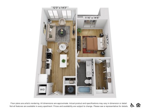 Floor plan for 1 bed, 1 bath, 725 sqft