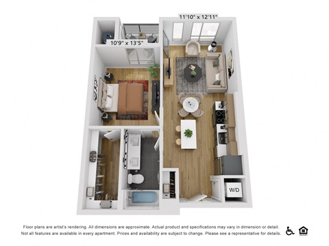 Floor plan for 1 bed, 1 bath, 729 sqft
