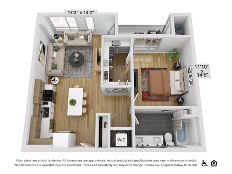 Floor plan for 1 bed, 1 bath, 848 sqft