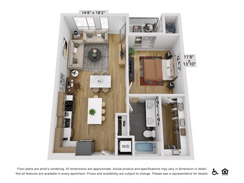 Floor plan for 1 bed, 1 bath, 840 sqft