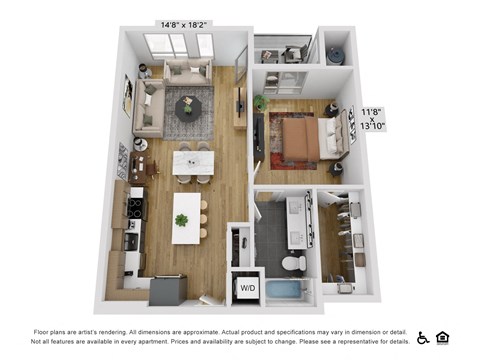 Floor plan for 1 bed, 1 bath, 835 sqft