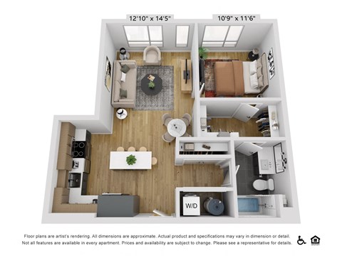 Floor plan for 1 bed, 1 bath, 753 sqft