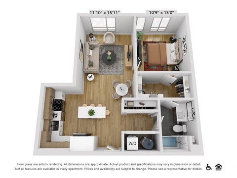 Floor plan for 1 bed, 1 bath, 775 sqft