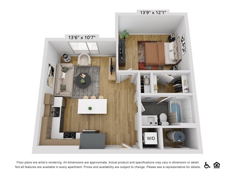 Floor plan for 1 bed, 1 bath, 694 sqft