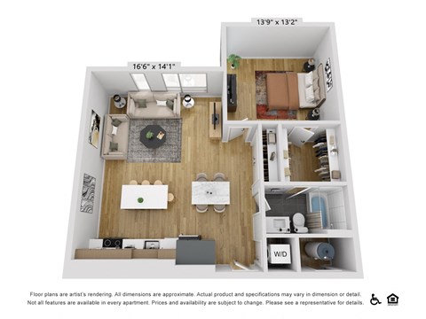 Floor plan for 1 bed, 1 bath, 877 sqft