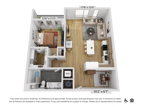 Floor plan for 1 bed, 1 bath, 938 sqft