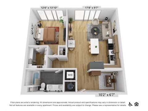 Floor plan for 1 bed, 1 bath, 940 sqft