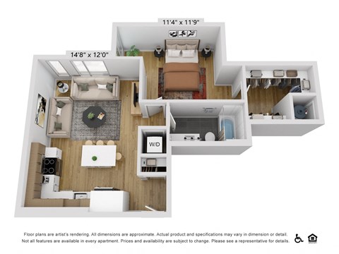 Floor plan for 1 bed, 1 bath, 735 sqft