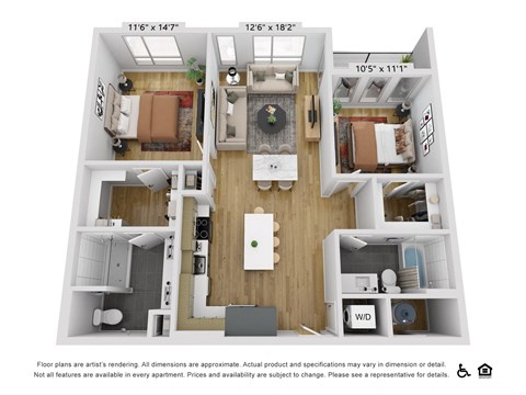 Floor plan for 2 beds, 2 baths, 1098 sqft