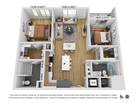 Floor plan for 2 beds, 2 baths, 1167 sqft