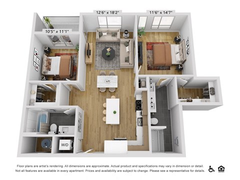 Floor plan for 2 beds, 2 baths, 1102 sqft